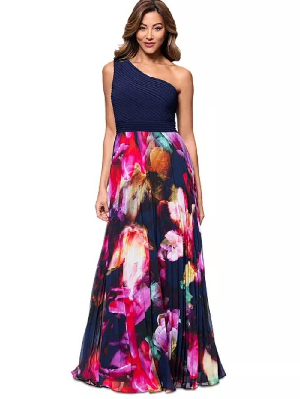 Xscape NWT Navy Floral One Shoulder Pleated Maxi Formal Dress 14P $279 Luxury